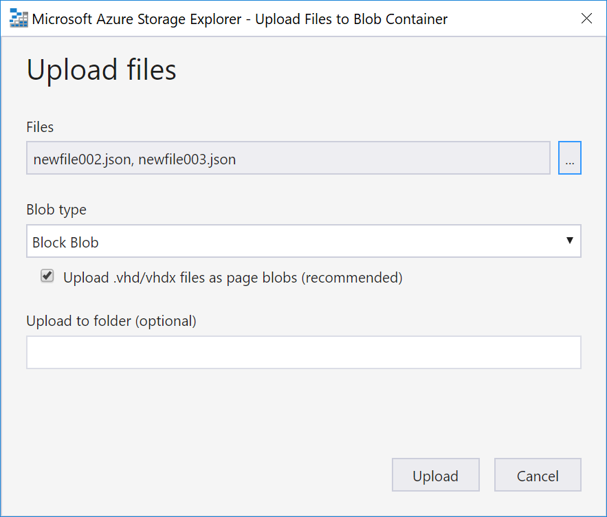 Azure Storage Explorer: upload two test files